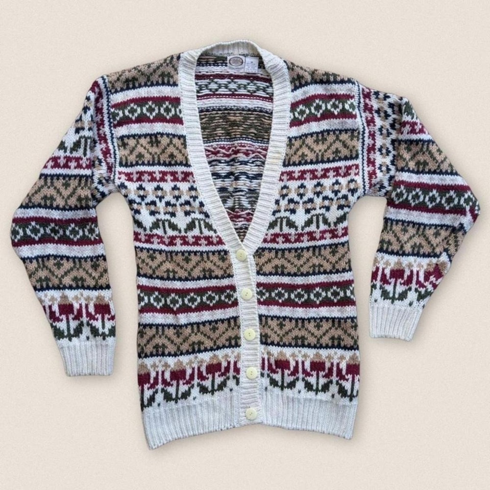 Vintage Picket & Poot Grandma Floral Fair Isle Cardigan Sweater